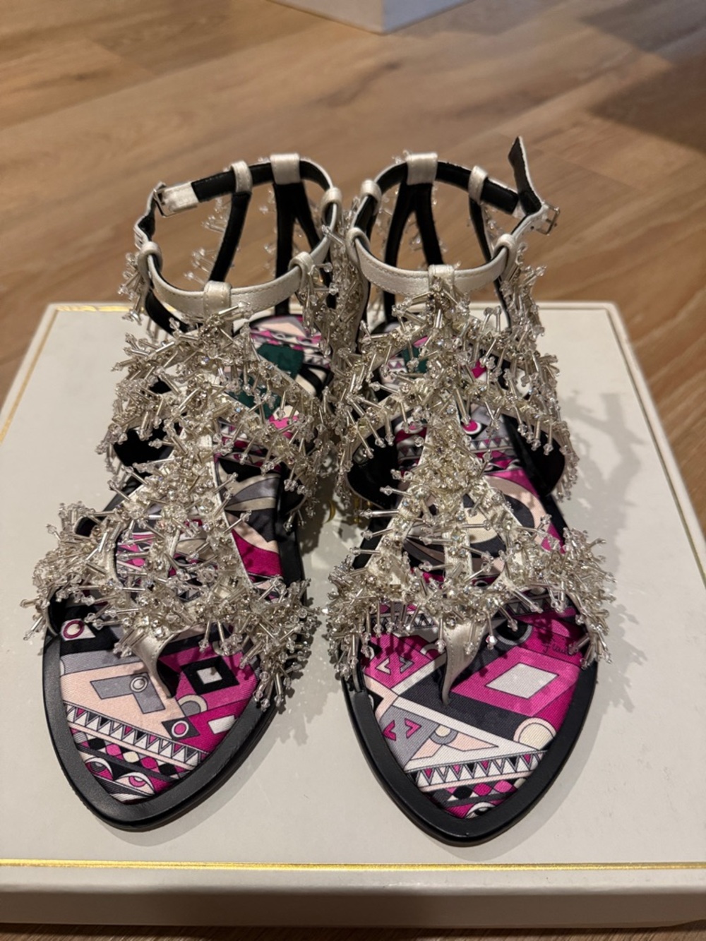 Emilio Pucci Women's Silver Embellished Satin Sandals - Pink Patterned Footbed
